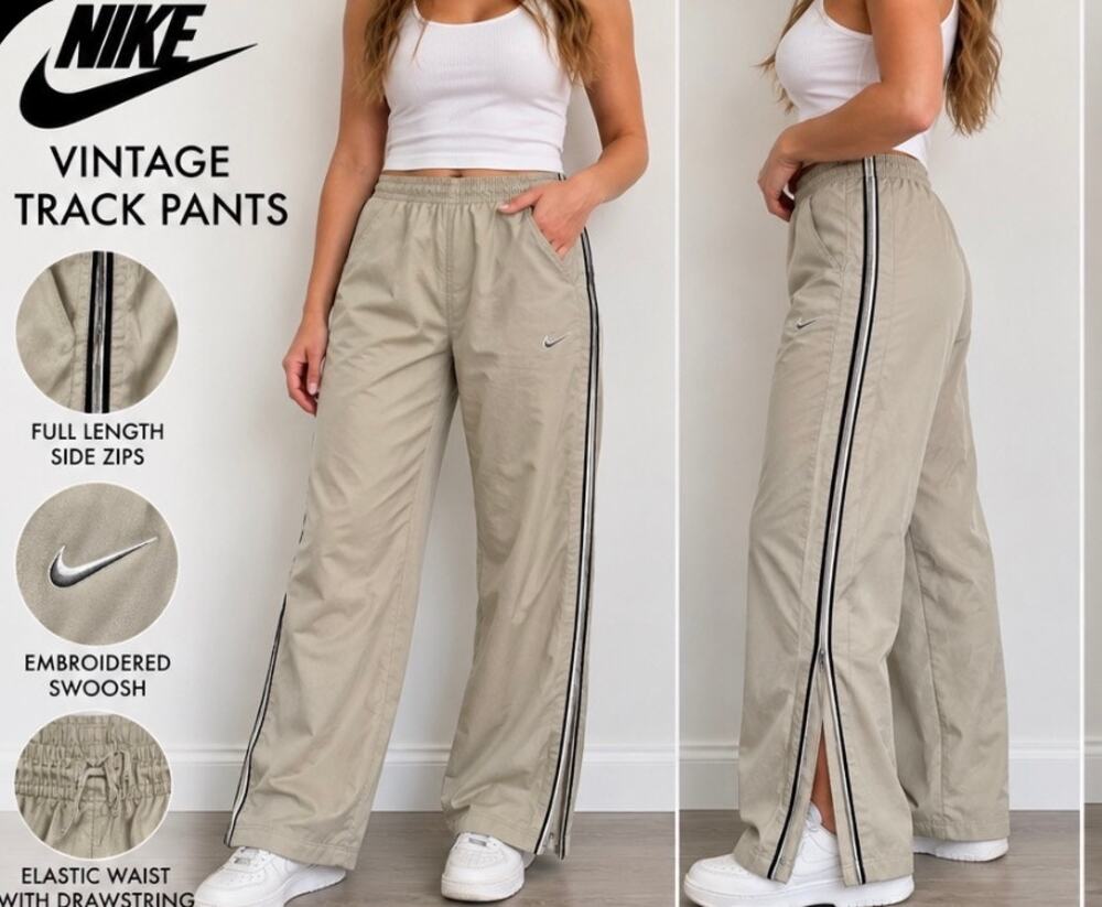 Vintage Nike Track Pants Women’s M Tan Full Side Zip Tearaway Y2K